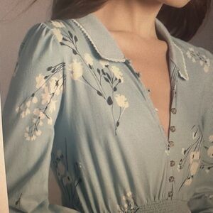 Anthropologie Blue Puff Sleeve Blouse with Peter Pan Collar